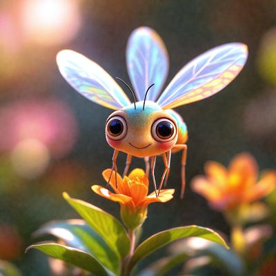 The primary subject of the image is a colorful, cartoon-like insect, possibly a dragonfly, sitting on a flower. The insect appears to be smiling, adding a playful and cheerful atmosphere to the scene. The setting is a garden, with the insect perched on a flower in the foreground. The visual style is a combination of photo and digital art, creating a vibrant and lively scene. The colors are predominantly green, orange, and pink, reflecting the insect's vivid appearance and the garden's natural beauty.